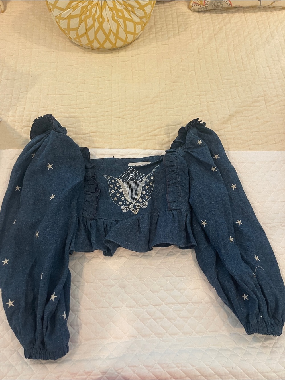Star Embroidered Puff Sleeve Crop Top - Navy